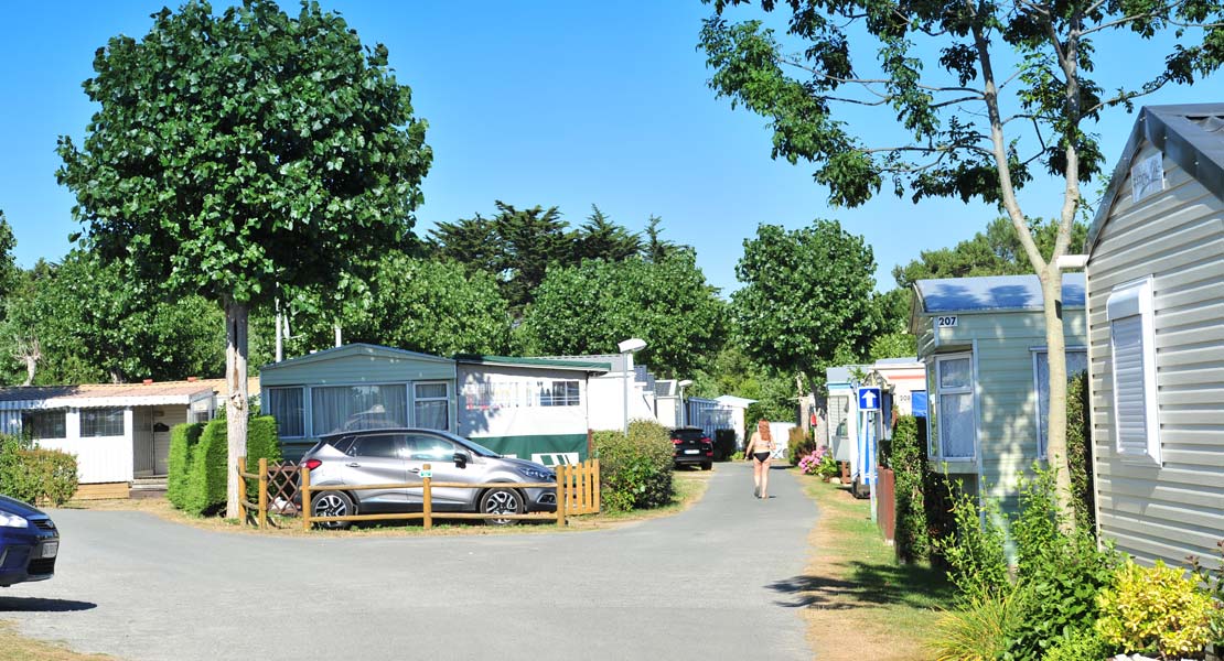 Allée avec mobil-home et parking individuel au camping en Vendée