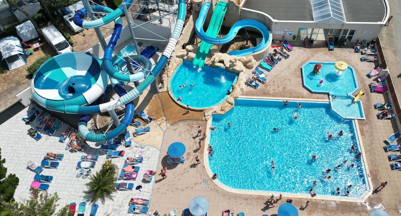 Aerial view of the aquatic area of the campsite near the beaches in Saint-Hilaire