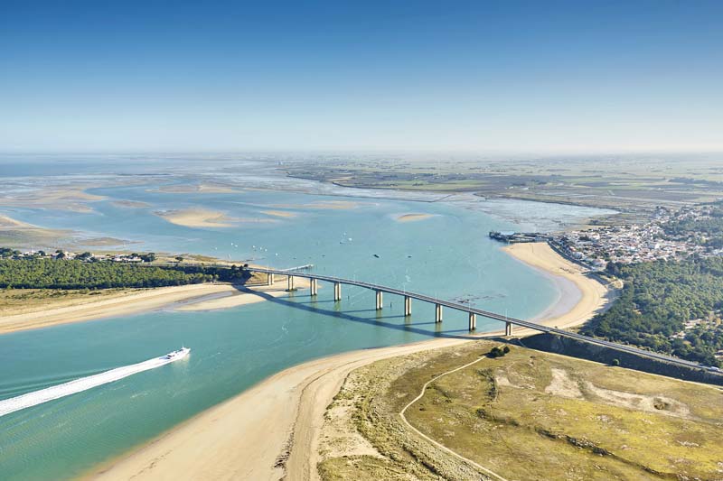 Aerial view of the bridge linking Noirmoutier to the mainland in Vendée